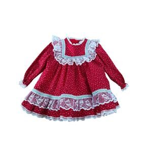 Vintage Bryan Dress Red White lace Calico Christmas Ribbon toddler dress holiday